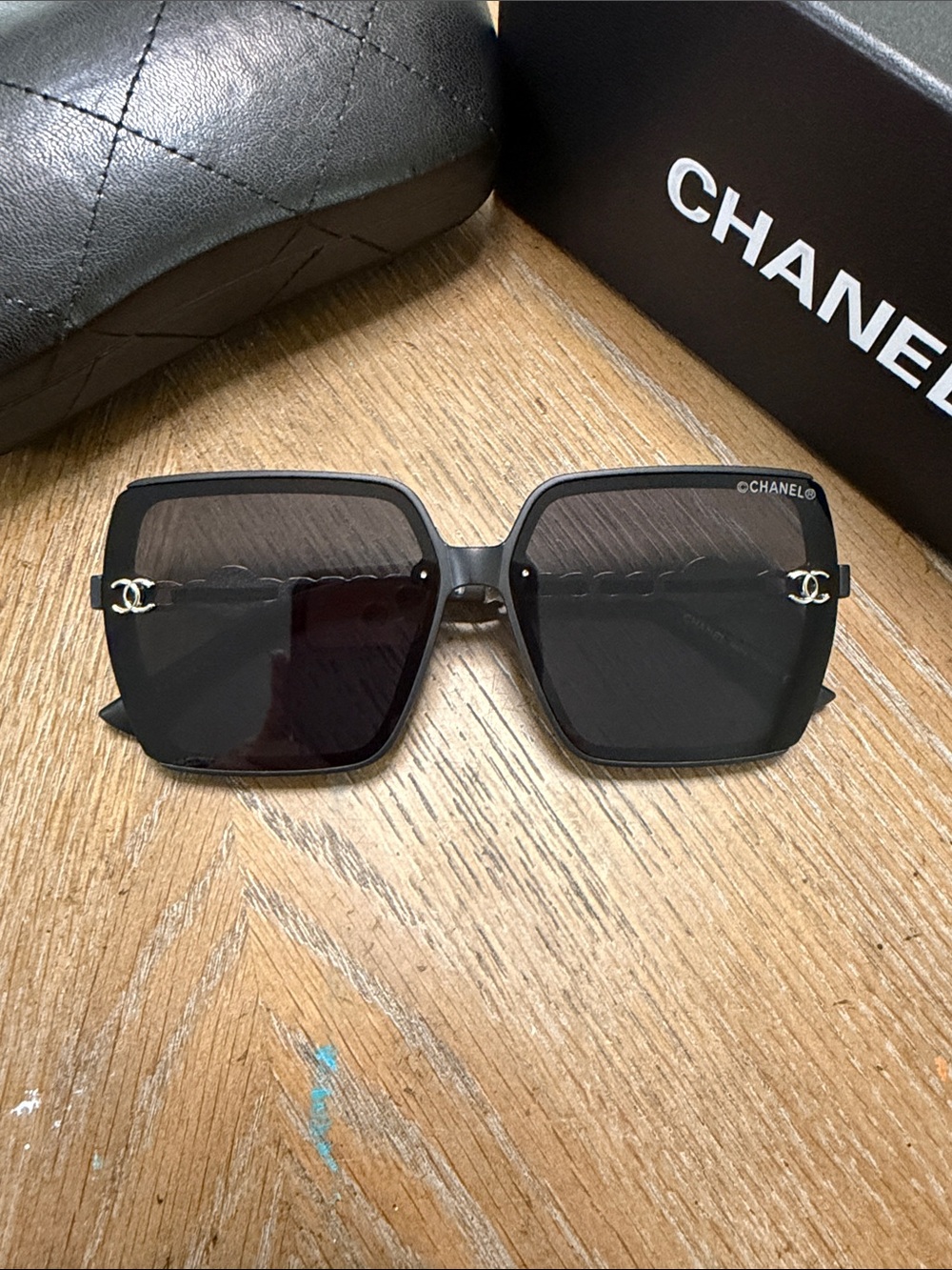 CHANEL Black Square Sunglasses with Silver CC Accents - Picture 5 of 9